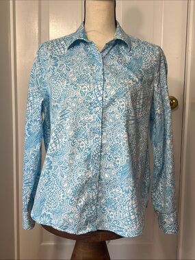 Ruby Rd. Turquoise Paisley Button-Down Ling Sleeve Shirt, 100% Cotton, Size 14P